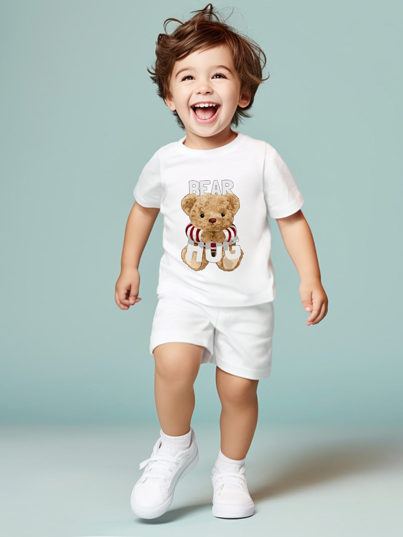 2pcs Boy's Cartoon Bear Print Cotton T-shirt & Comfy Shorts Set