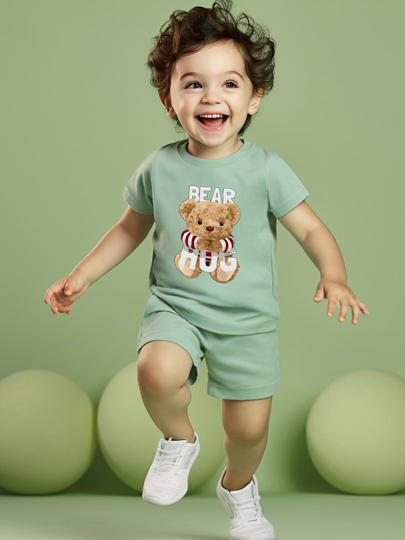 2pcs Boy's Cartoon Bear Print Cotton T-shirt & Comfy Shorts Set