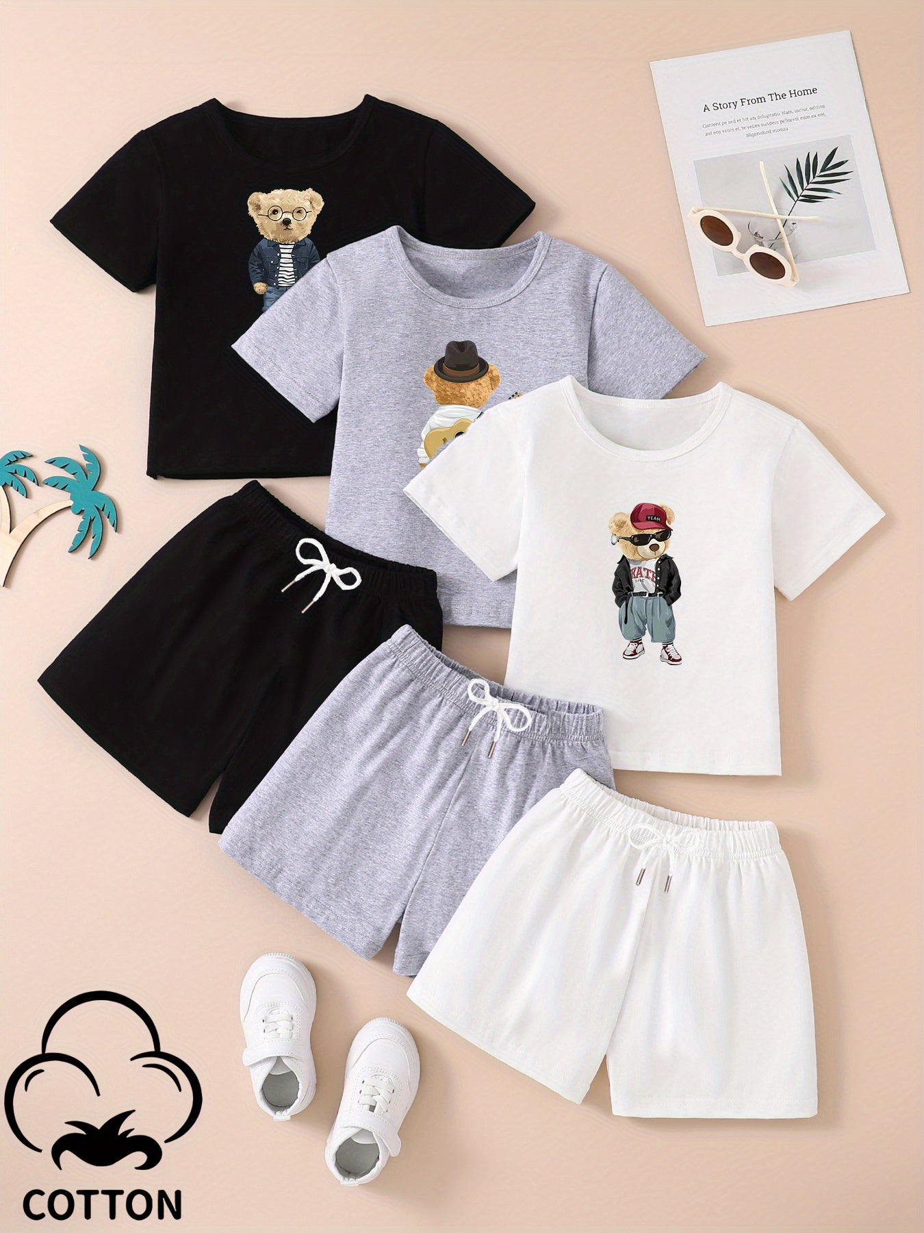 6pcs - 3 Outfits Set, Boy's Short Sleeve T-Shirts & Shots