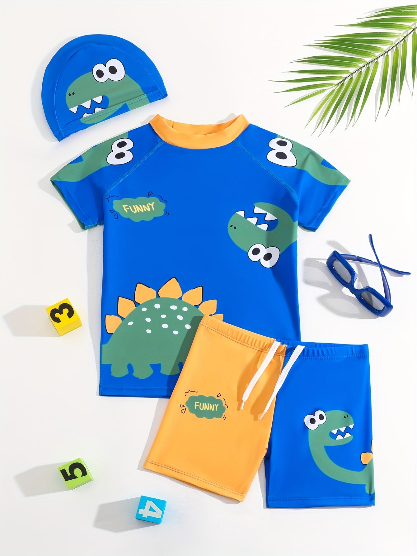 2pcs Cartoon Dinosaur Pattern Swimsuit For Boys