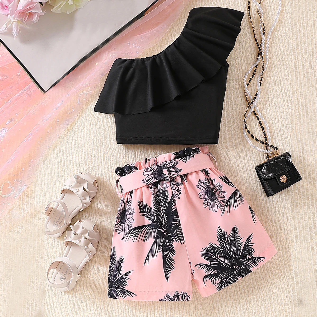 2PCS Girls Summer Off-Shoulder Top & Floral Shorts Set