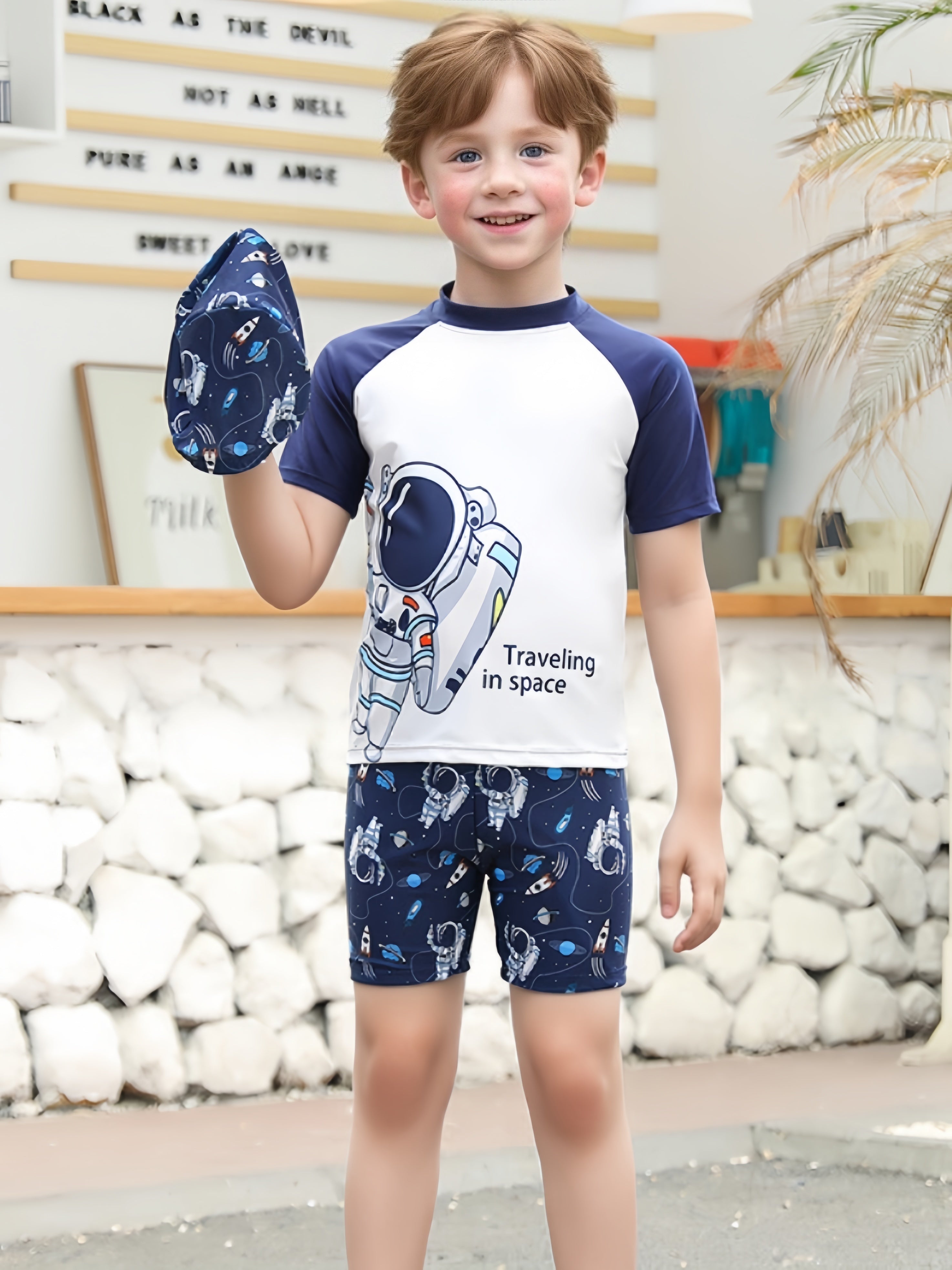 3pcs Astronaut Pattern Swimsuit For Boys, T-shirt + Swim Trunks + Swim Hat Set