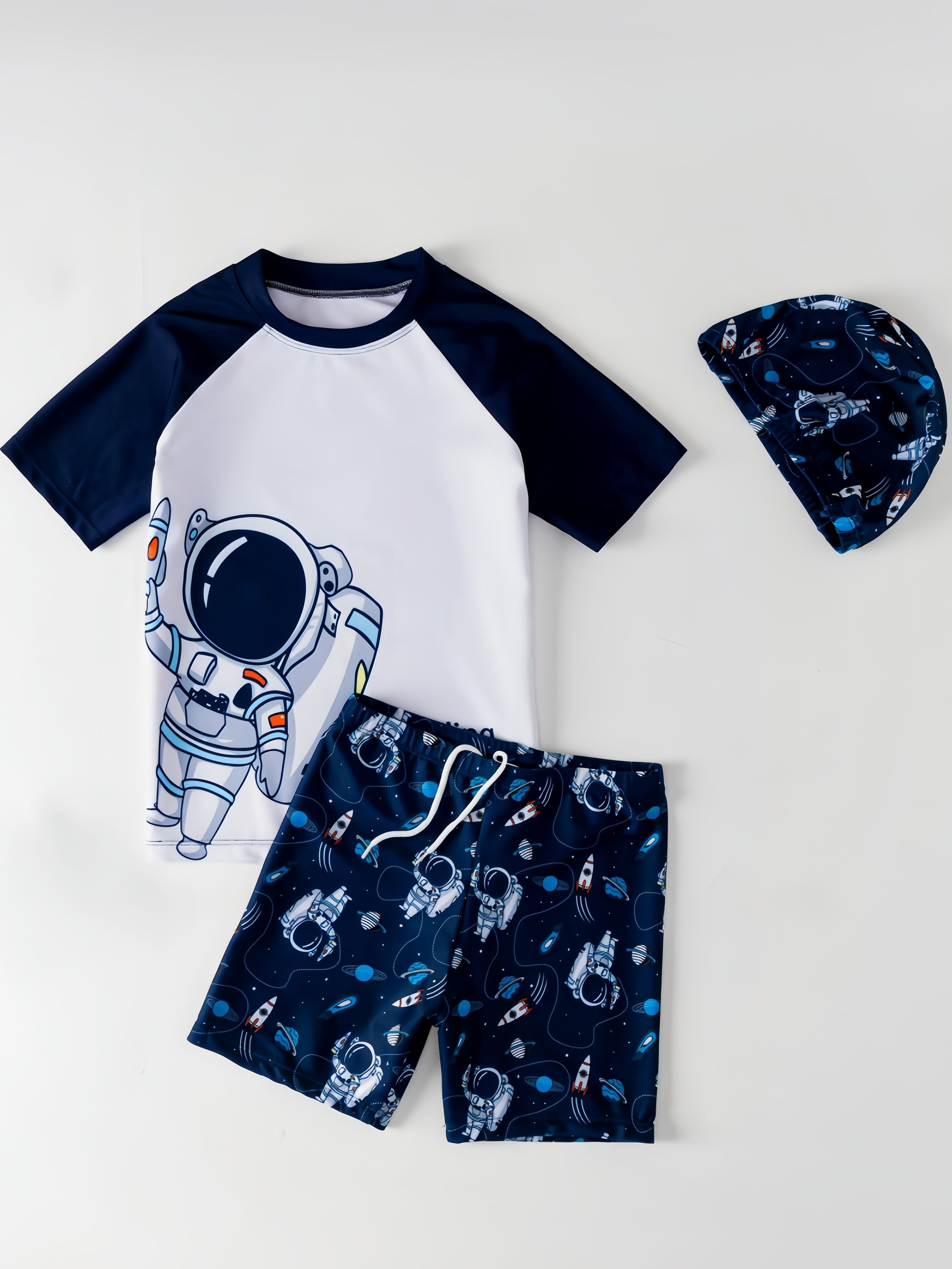 3pcs Astronaut Pattern Swimsuit For Boys, T-shirt + Swim Trunks + Swim Hat Set