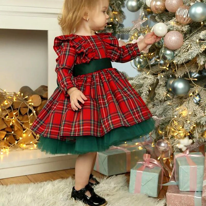 Merry Plaid Girls Christmas Bow Party Dress