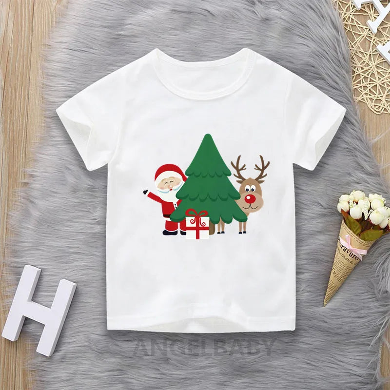 Merry Christmas Cute Deer Cartoon Print Children T-shirts