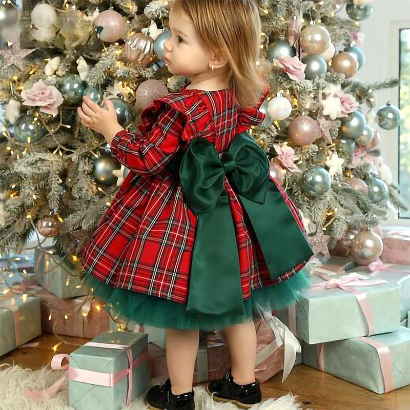 Merry Plaid Girls Christmas Bow Party Dress