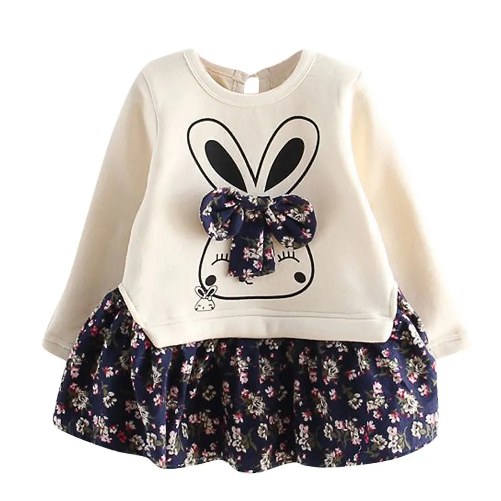 MOMSTAG Long Sleeve Baby Girl Kawaii Rabbit Flower Print Dress