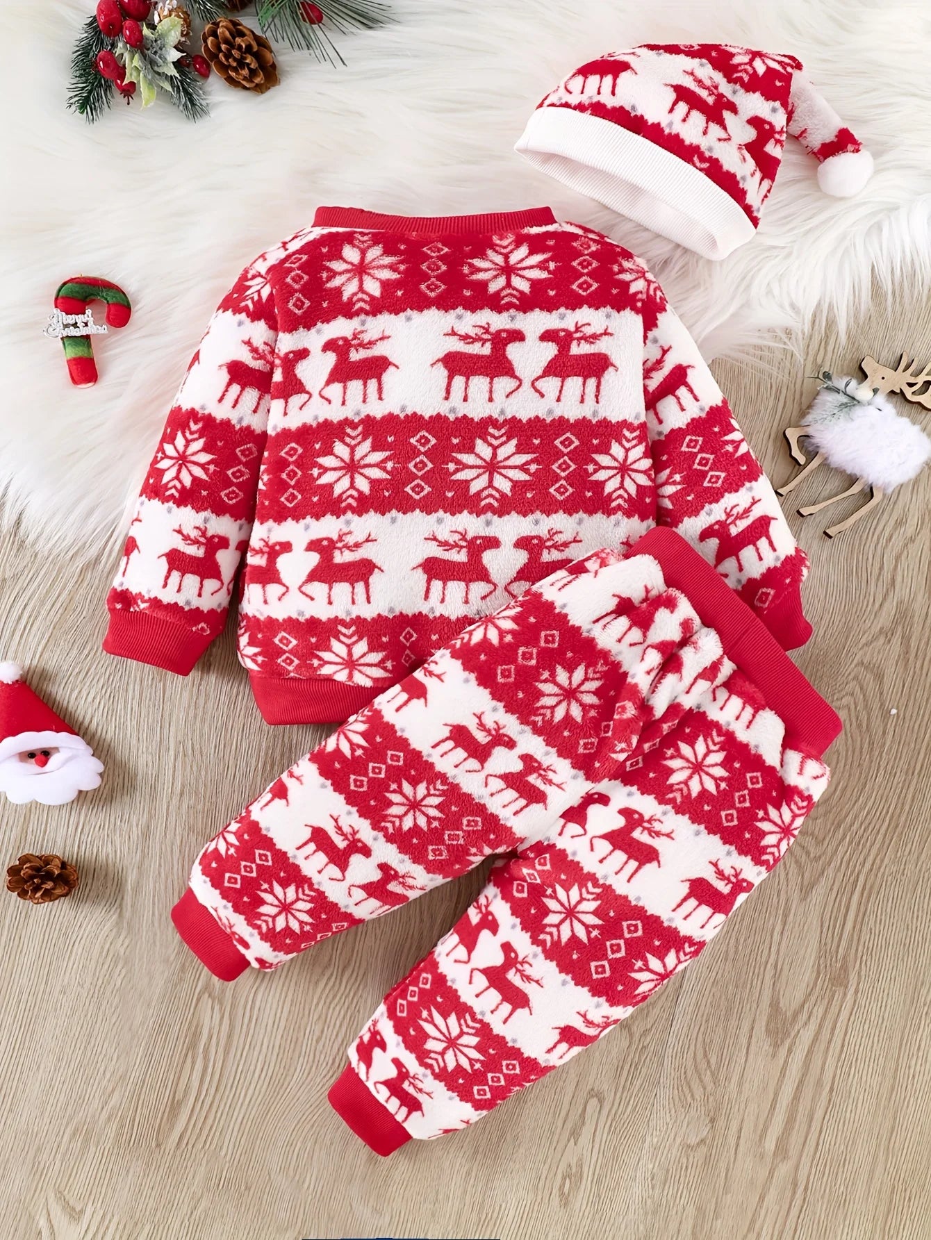 Baby Flannel Round Neck Long Sleeve + Trousers + Hat Set