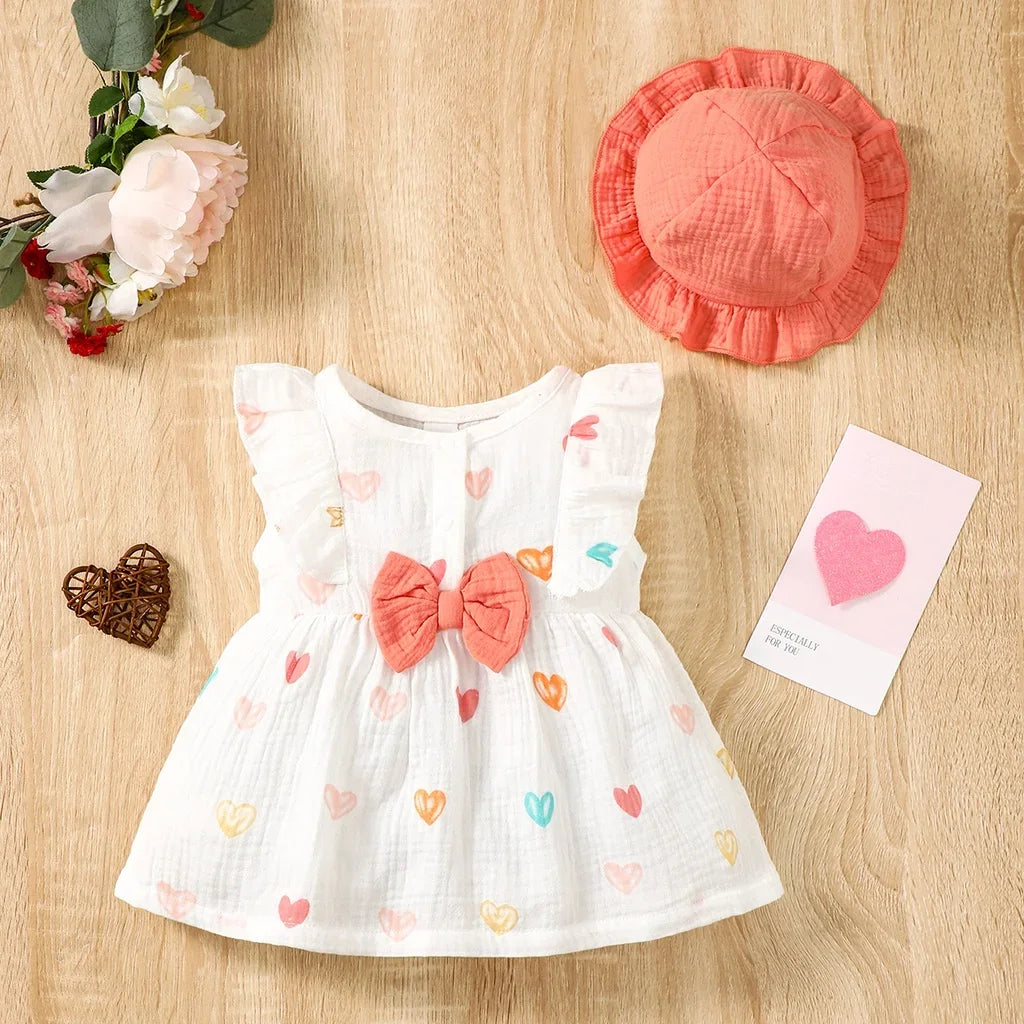 MOMSTAG Newborn Baby Girl 2-Piece Love Print Sleeveless Dress & Hat Set