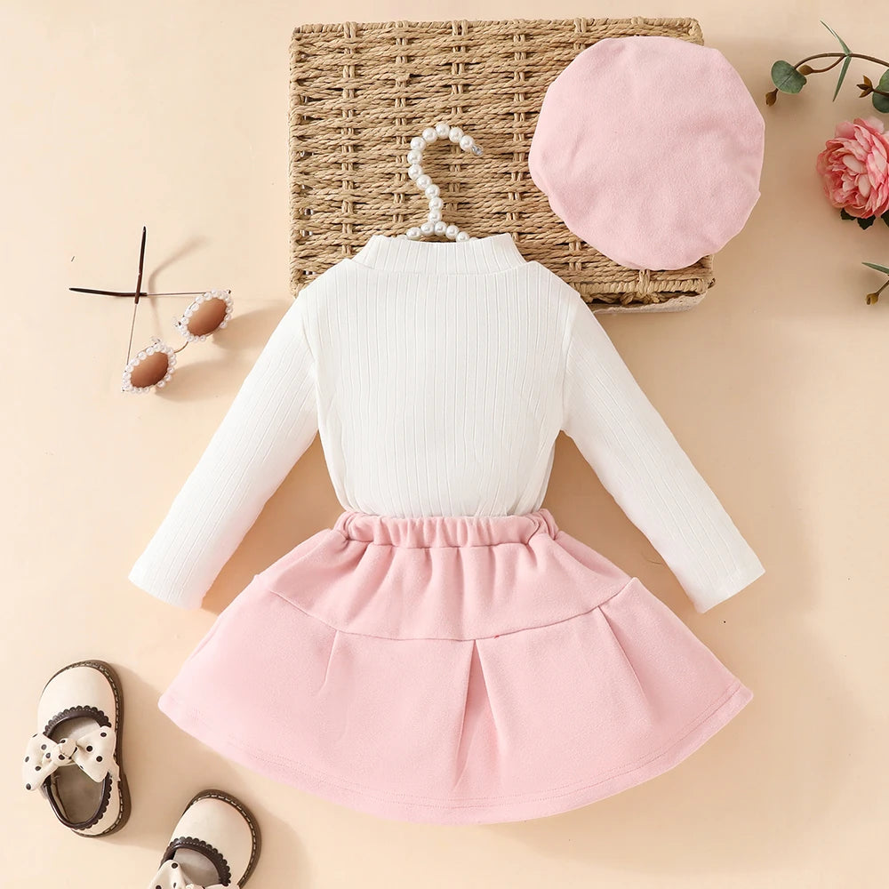 Long Sleeve Big Bow Top Irregular Skirt and Beret 3Pcs Christmas Clothes for toddler