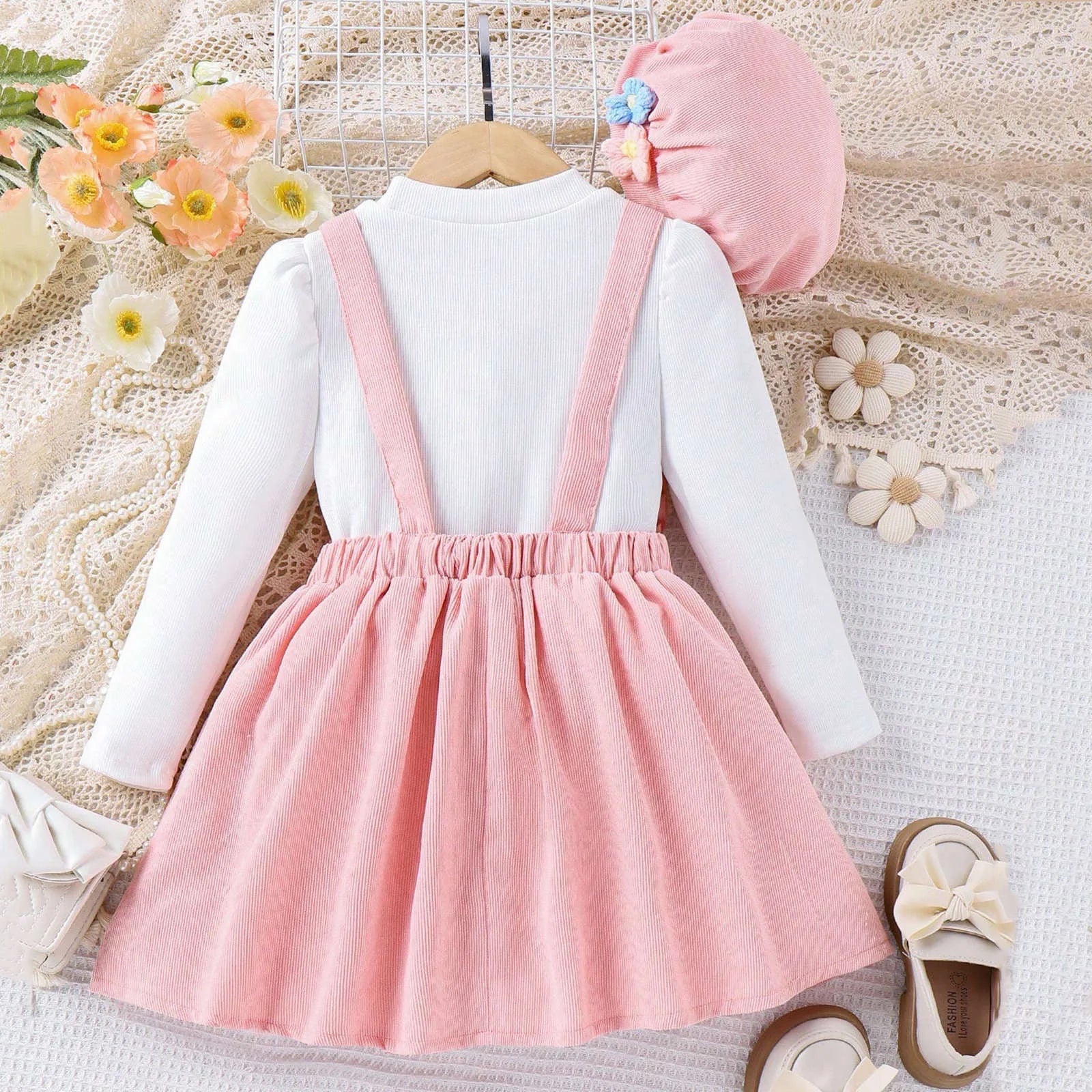 MOMSTAG Girls Top+Floral Splice Suspenders Dress+Cap 3 Pieces Set