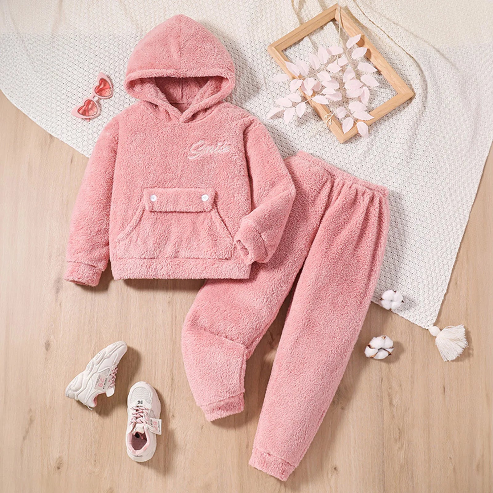 MOMSTAG Winter Girls Fleece Clothes Hoodie + Loose Sweatpants Set