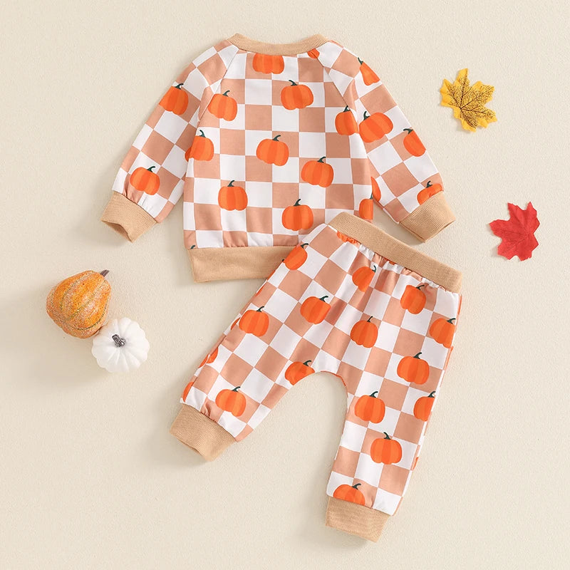 Pumpkin Print Long Sleeve Sweatshirt and Pant for Toddler Boys