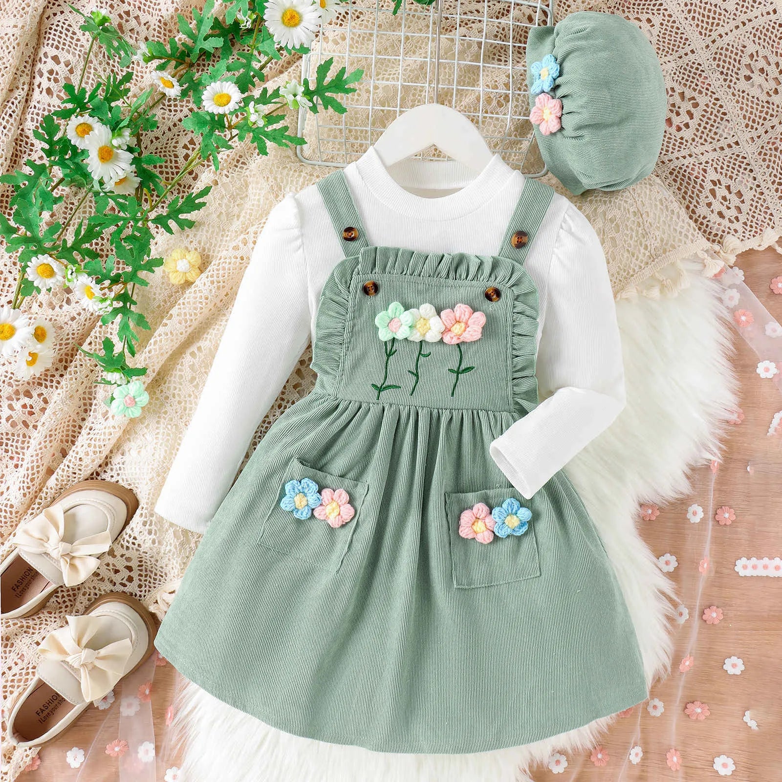 MOMSTAG Girls Top+Floral Splice Suspenders Dress+Cap 3 Pieces Set