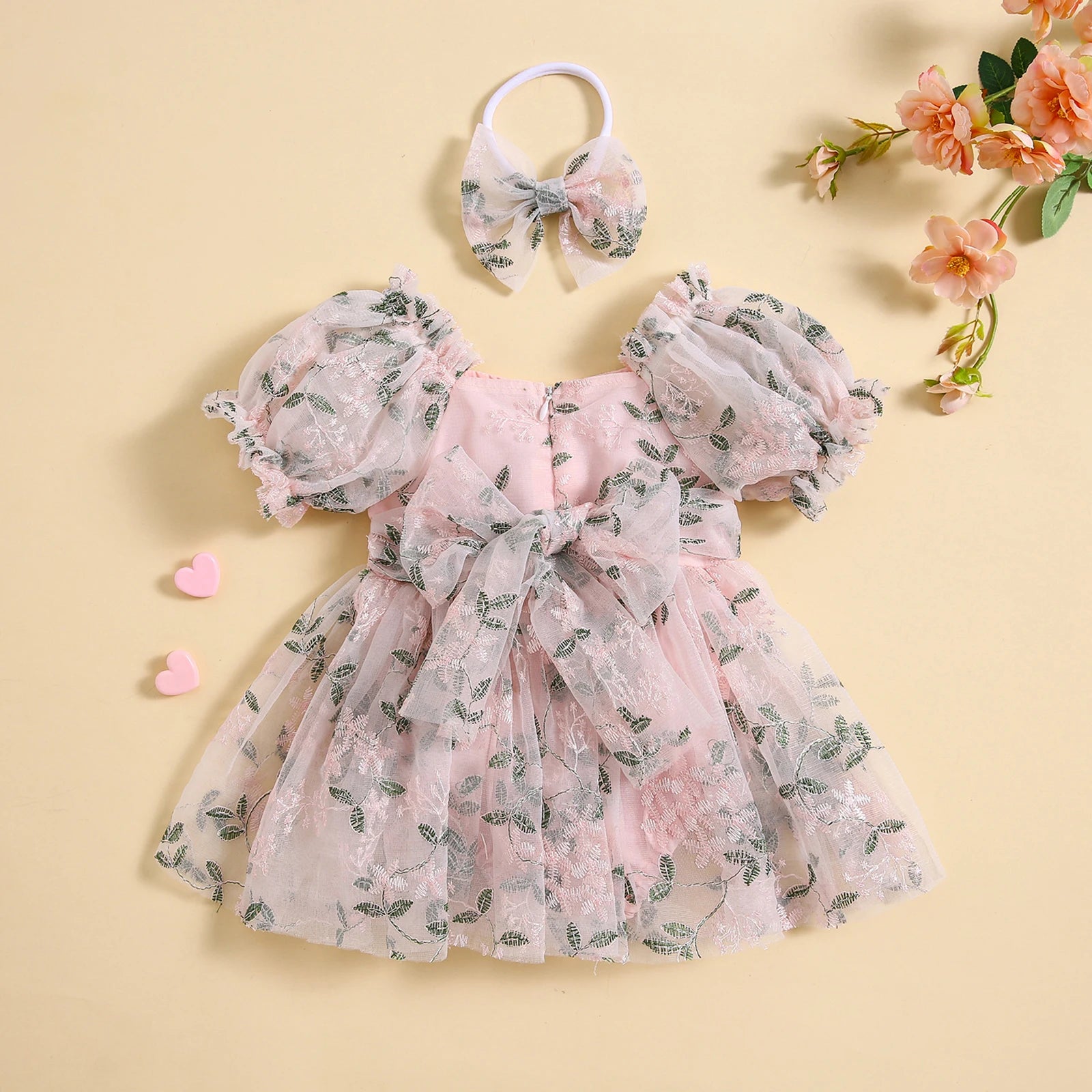 Floral Embroidery Puff Sleeve A-line Romper with Bowknot Headband Outfits for baby girls