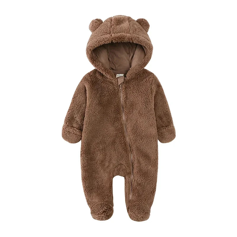 0-12M Fleece Baby Romper Hooded Zipper Bodysuit