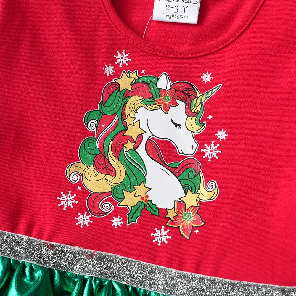 Girls’ Christmas Unicorn Patchwork Dress