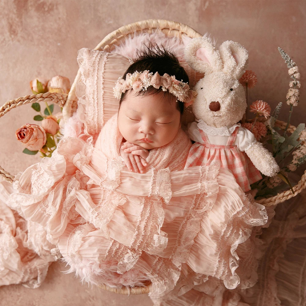 MOMSTAG Newborn Pink Theme Photography Props Set - Includes Knitted Wrap, Headflower, Lace Pillow, Bunny Doll