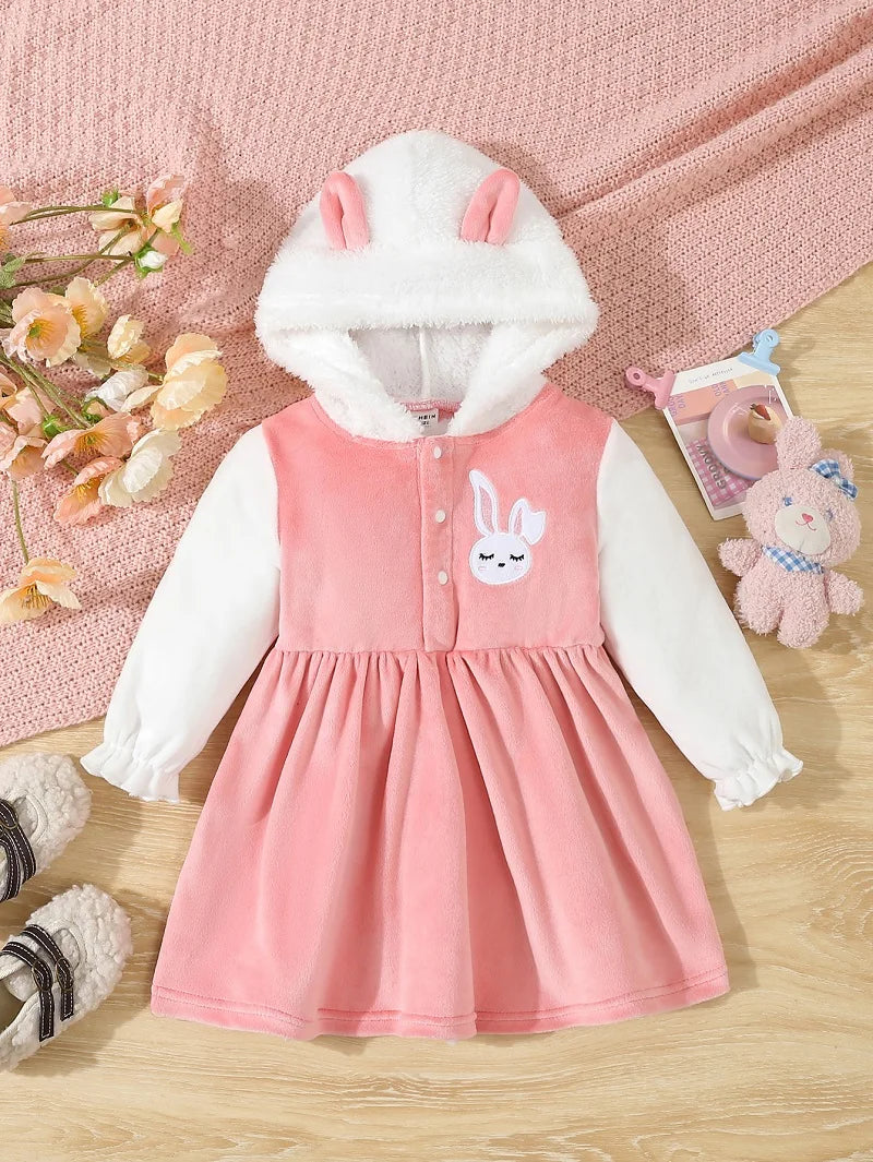 Pink Plush Rabbit Hooded Baby Dress