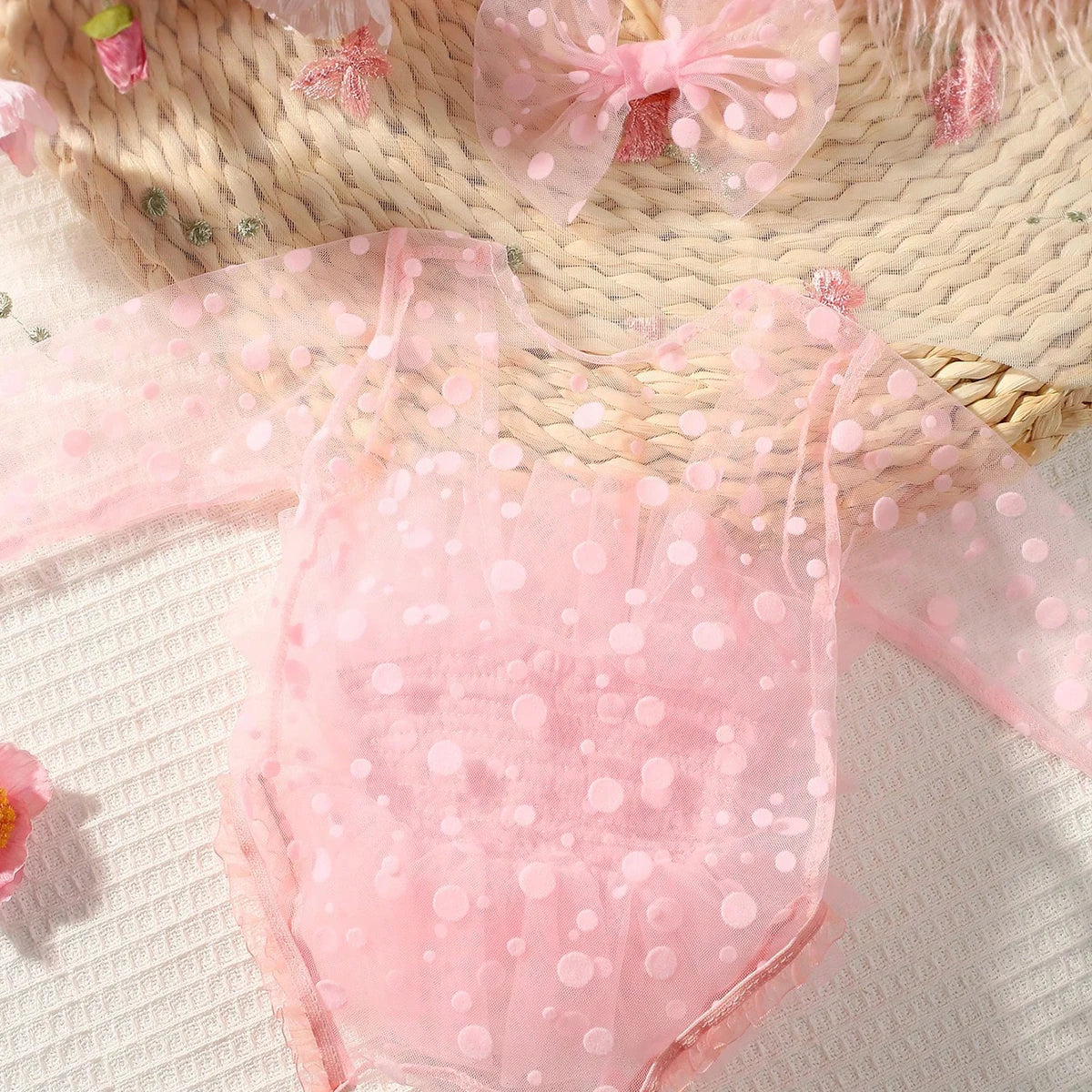 Pink Polka Dot Newborn Romper & Bow Headband Set - Photography Props