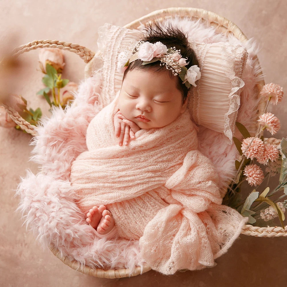 MOMSTAG Newborn Pink Theme Photography Props Set - Includes Knitted Wrap, Headflower, Lace Pillow, Bunny Doll