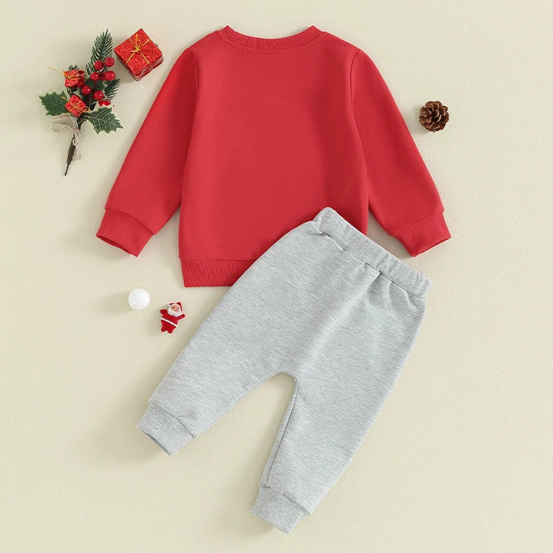 Santa Fuzzy Embroidery Long Sleeve Sweatshirts+Long Pants Christmas Outfits for boys