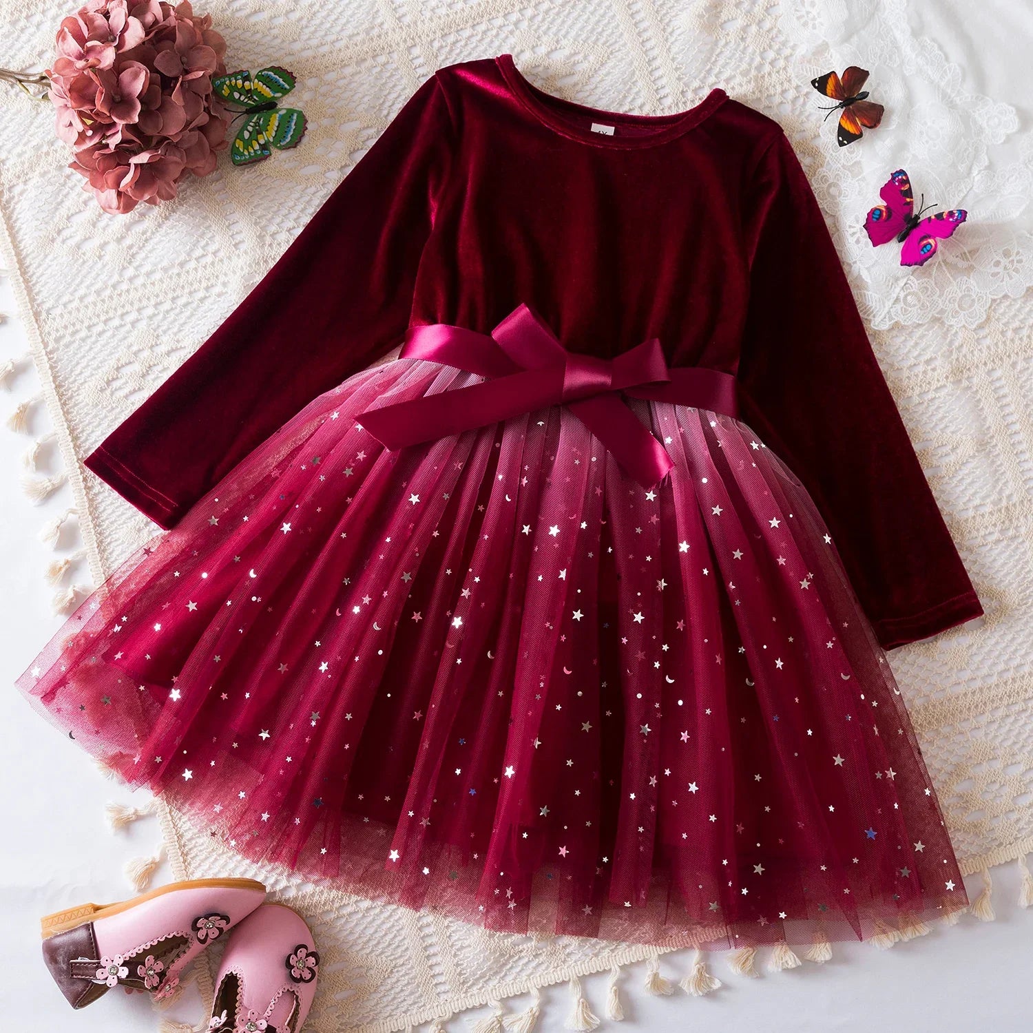 Girls Autumn Winter Long Sleeve Bow Sequin Princess Dress