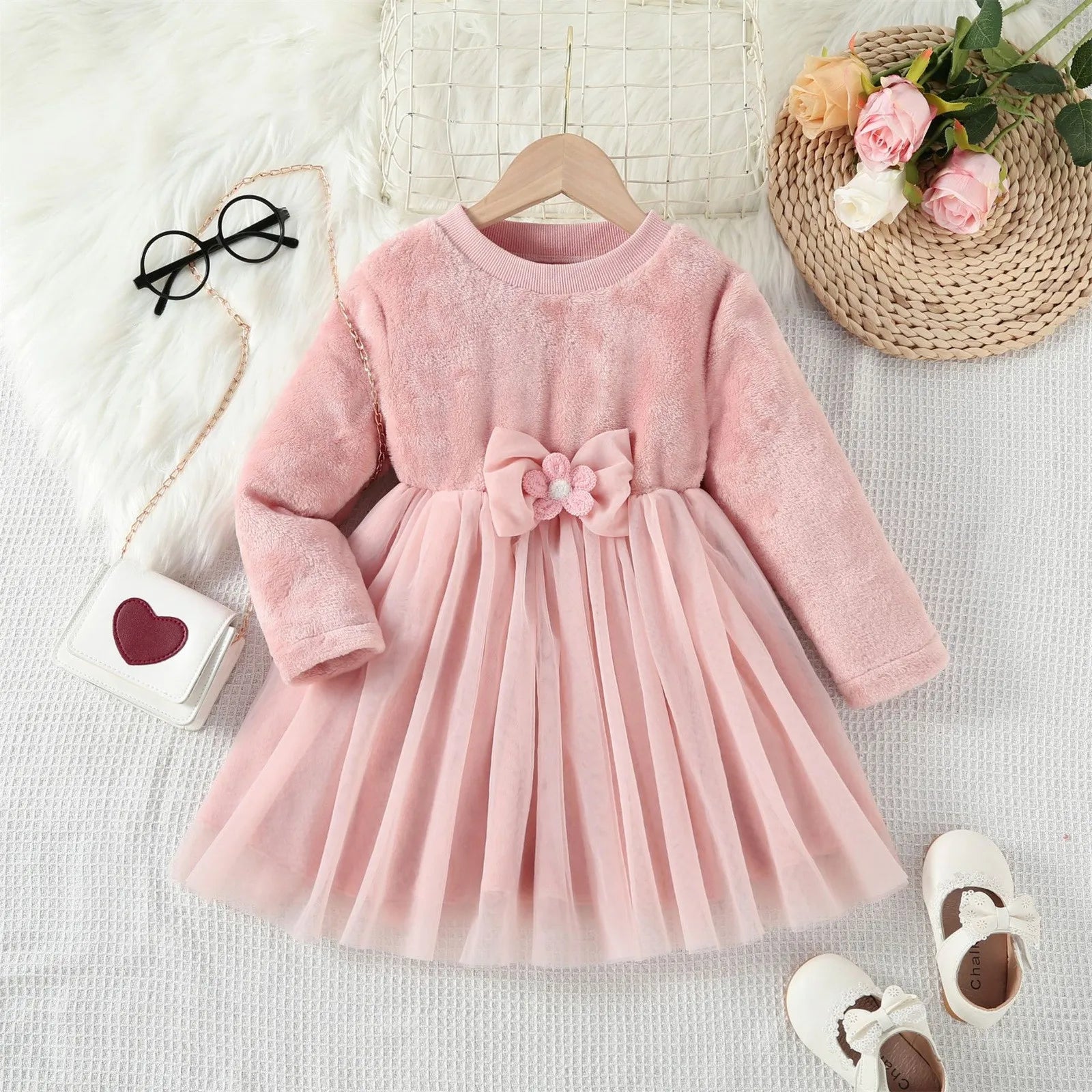 MOMSTAG Bow Tie Fleece Warm Princess Dress For Girls