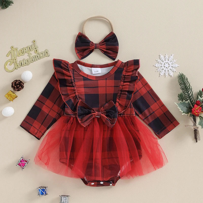 Plaid Print Mesh Long Sleeve Toddler Romper Christmas Dress and Headband 2pcs Sets