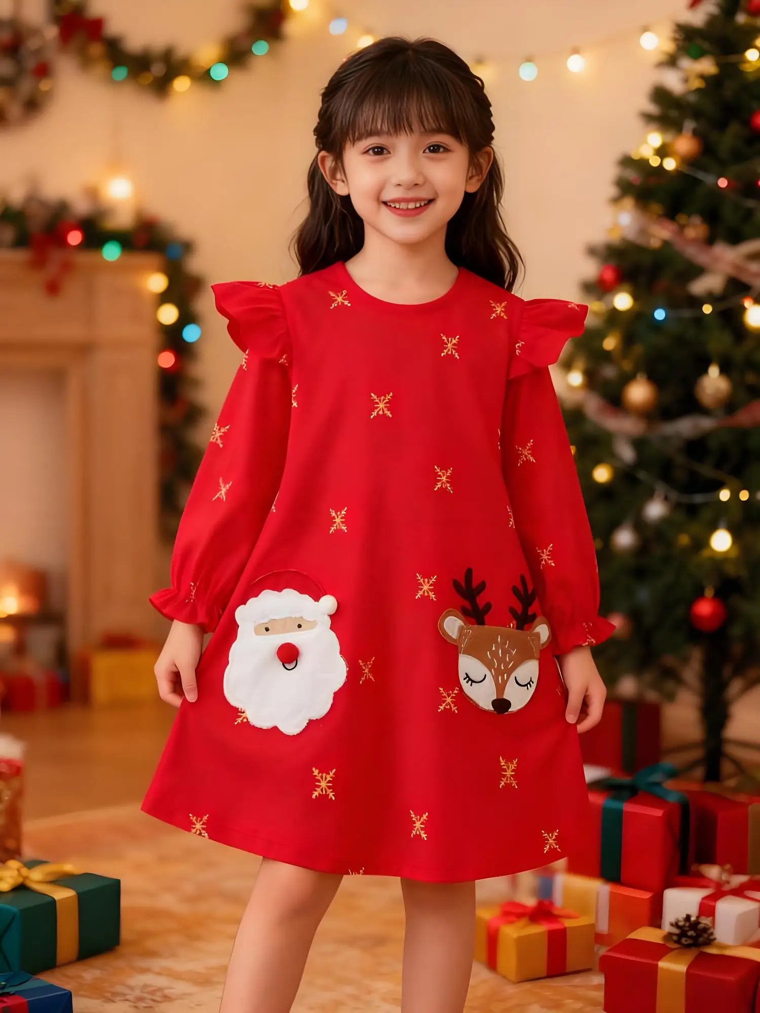 Toddler Girl Christmas Dress – Cute Santa & Reindeer Print