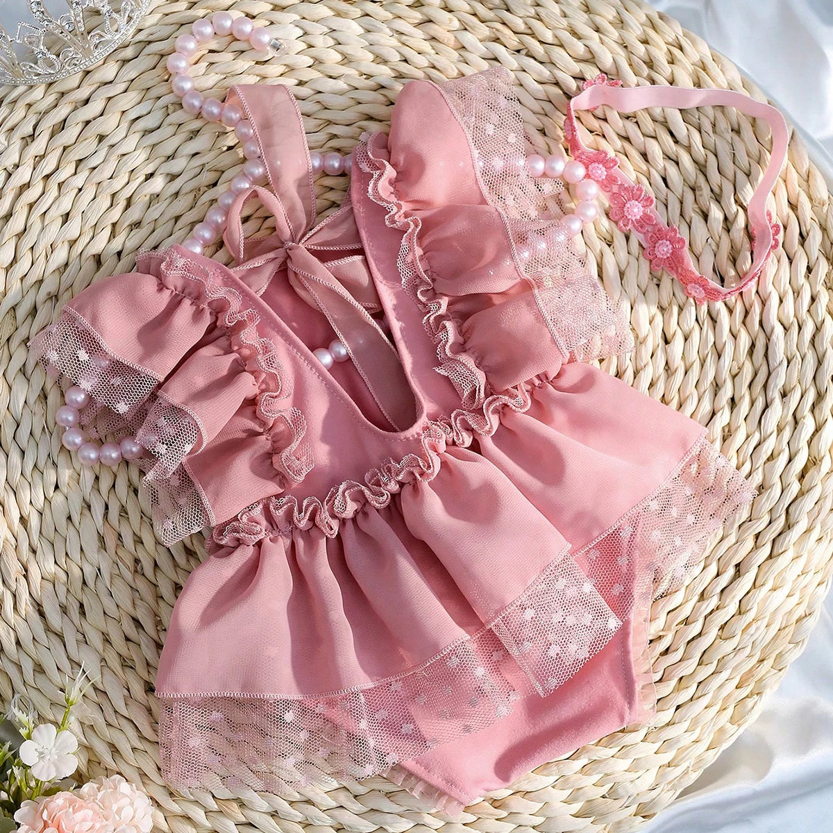 Newborn Dusty Pink Chiffon Romper & Bow Hairband Set