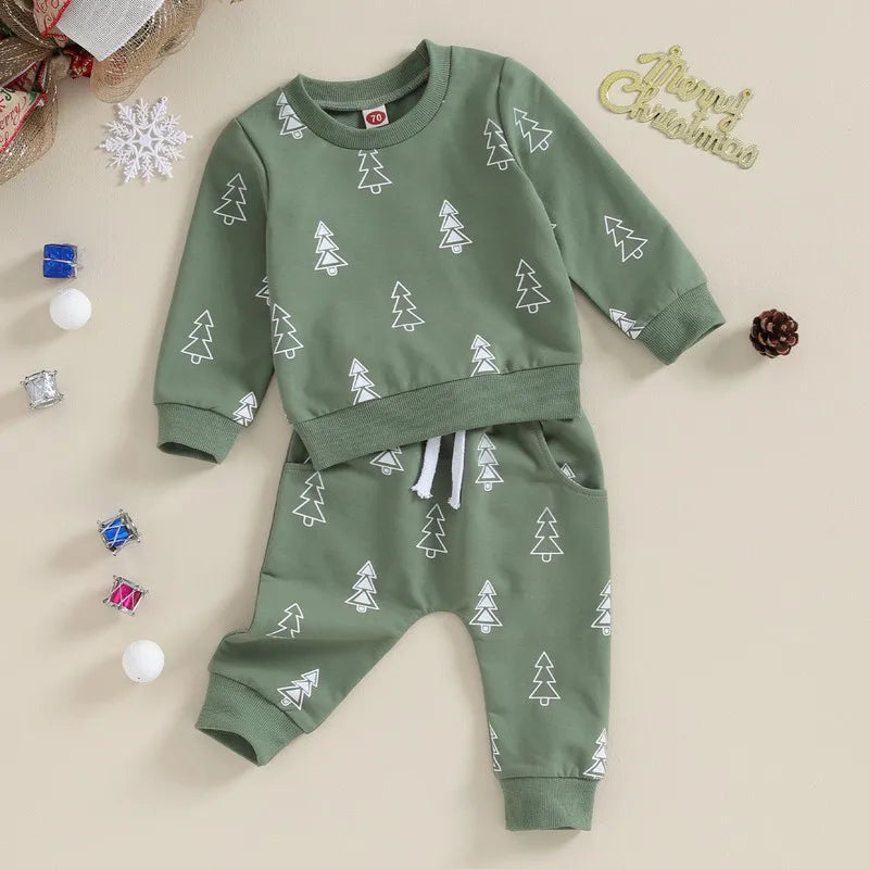 RUEWEY Christmas Tree Print Long Sleeve Sweatshirt Tops and Bottom Sets