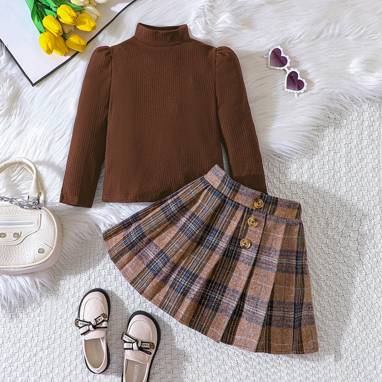 MOMSTAG Girls Winter Long Sleeve Shirts Top Plaid Skirt 2pcs Outfit