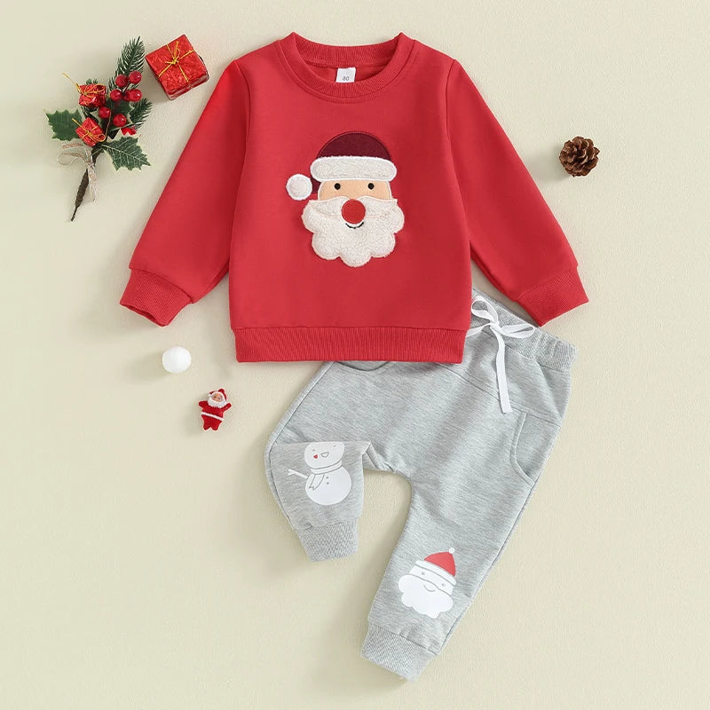 Santa Fuzzy Embroidery Long Sleeve Sweatshirts+Long Pants Christmas Outfits for boys