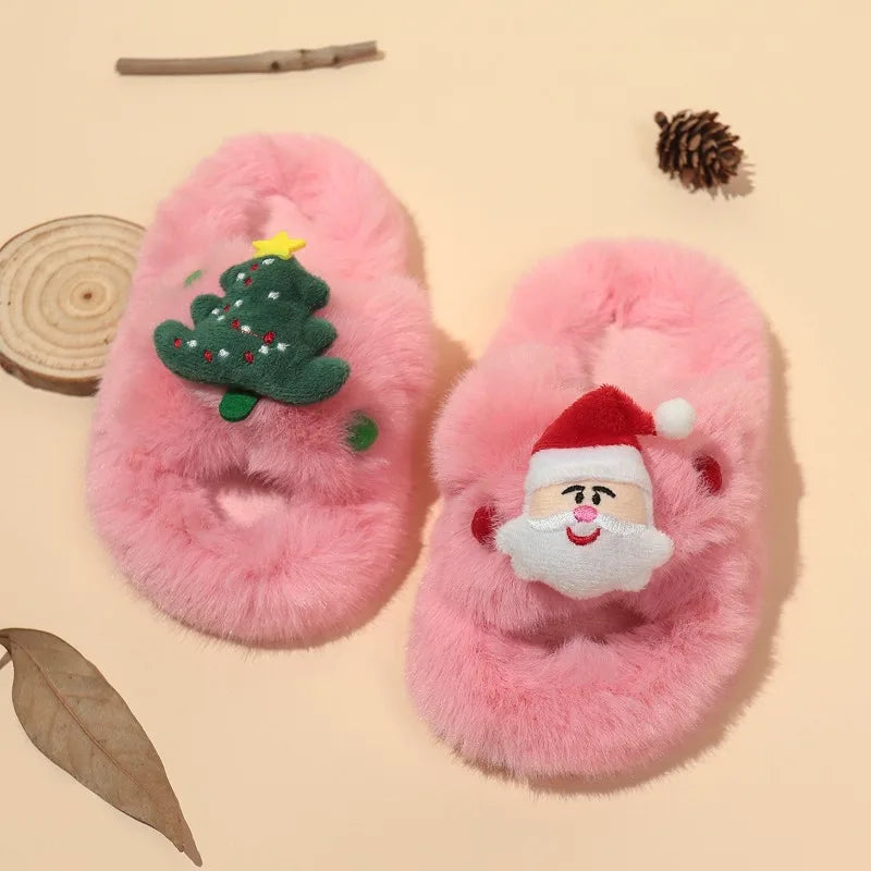 Girls Pink Christmas Plush Warm Slippers