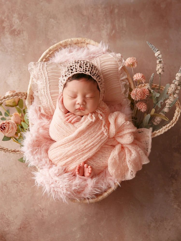 MOMSTAG Newborn Pink Theme Photography Props Set - Includes Knitted Wrap, Headflower, Lace Pillow, Bunny Doll