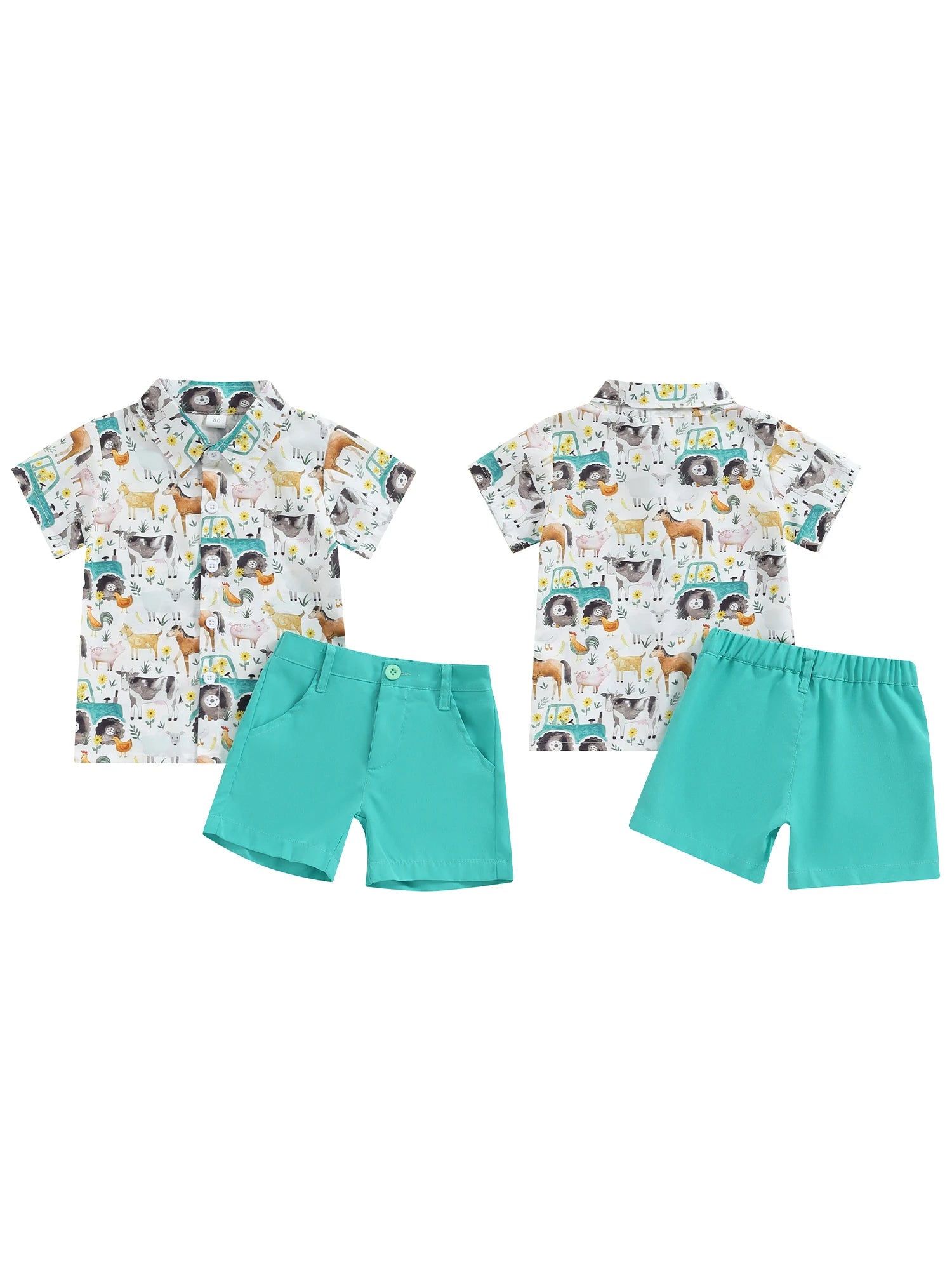 Baby Boy Summer Outfit Short Sleeve Farm Animal Print Shirt Top and Casual Shorts Set