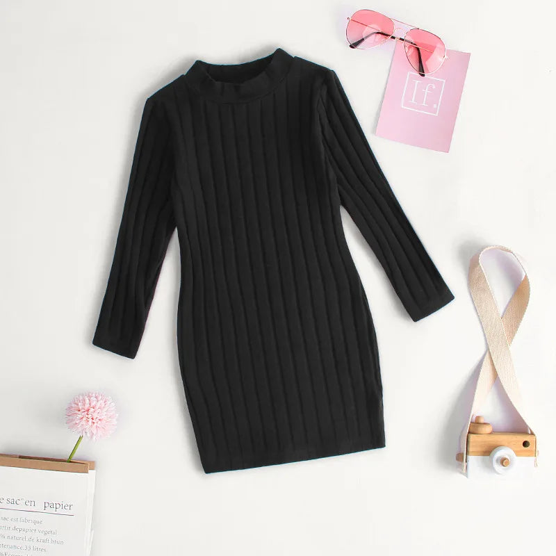 MOMSTAG Winter Girls O-Neck Long Sleeve Dolid Knitting Pencil Dress