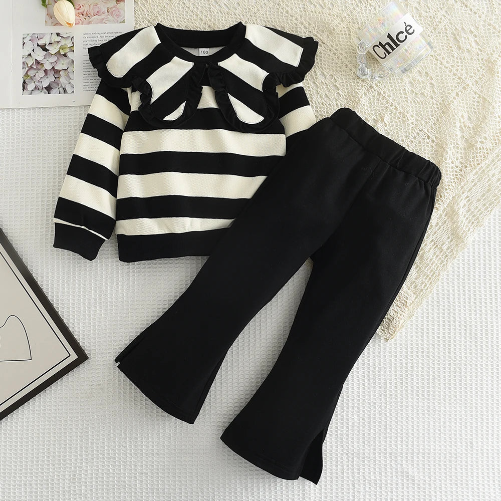 Menoea Long SleeveAutumn and Winter New  Large Lapel Pleated Stripe Top+Bell-bottoms Two Piece Girls' Set