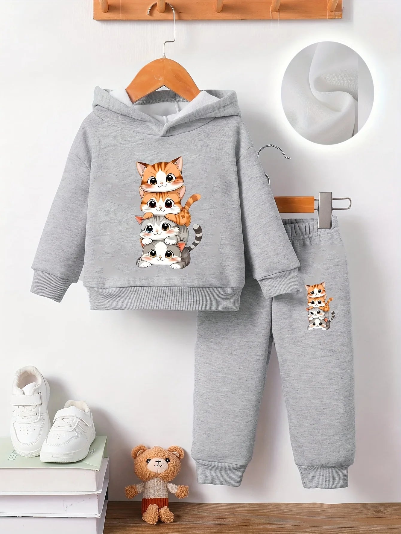 Baby Cat Cartoon Fleece Hoodie Set