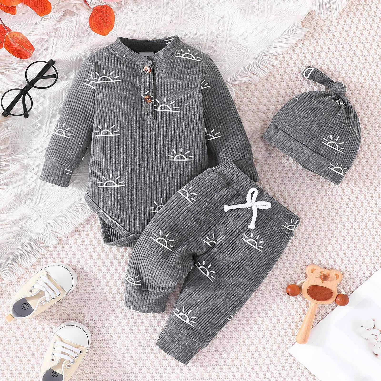 MOMSTAG Newborn Winter Cotton Long Sleeve Bodysuits Pants Hat 3Pcs