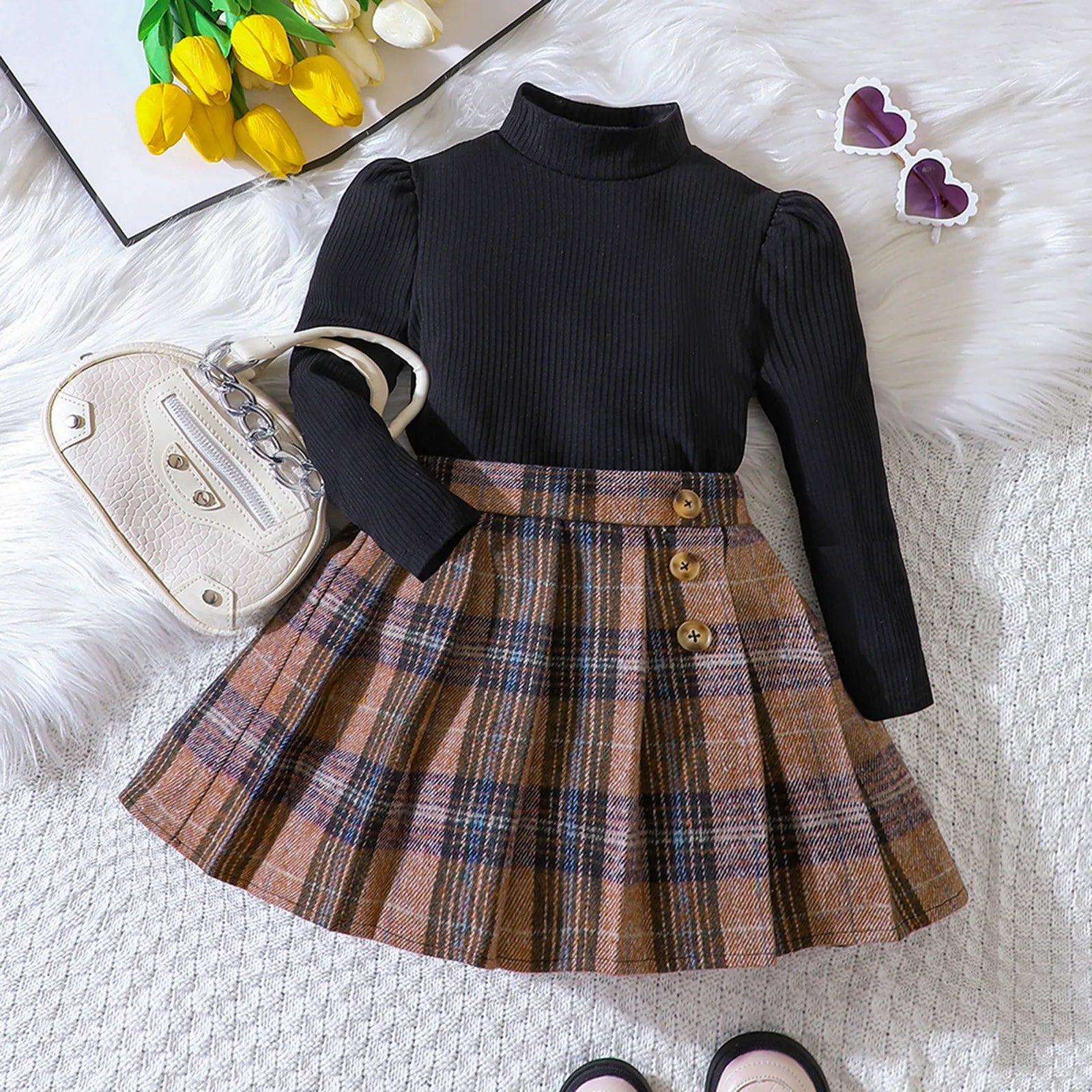 MOMSTAG Girls Winter Long Sleeve Shirts Top Plaid Skirt 2pcs Outfit