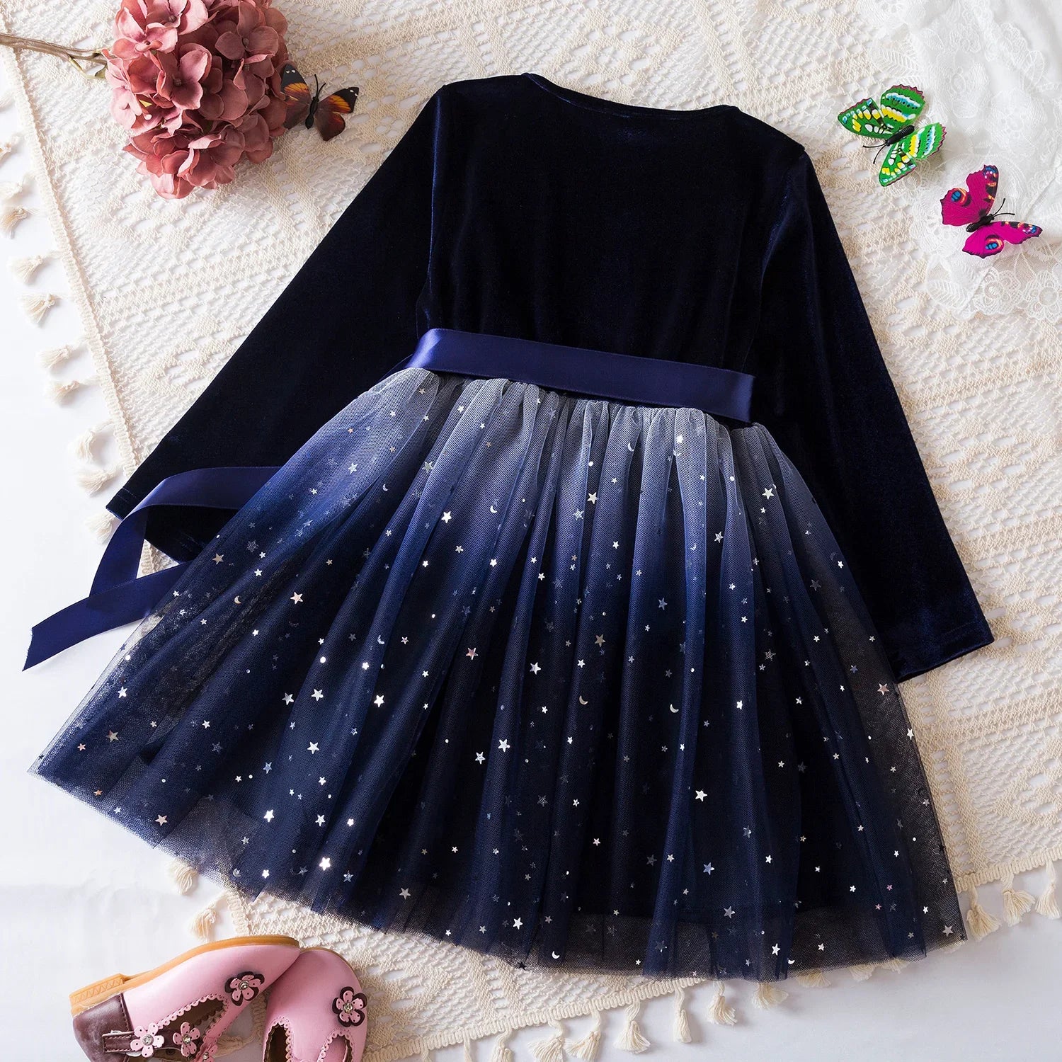 Girls Autumn Winter Long Sleeve Bow Sequin Princess Dress