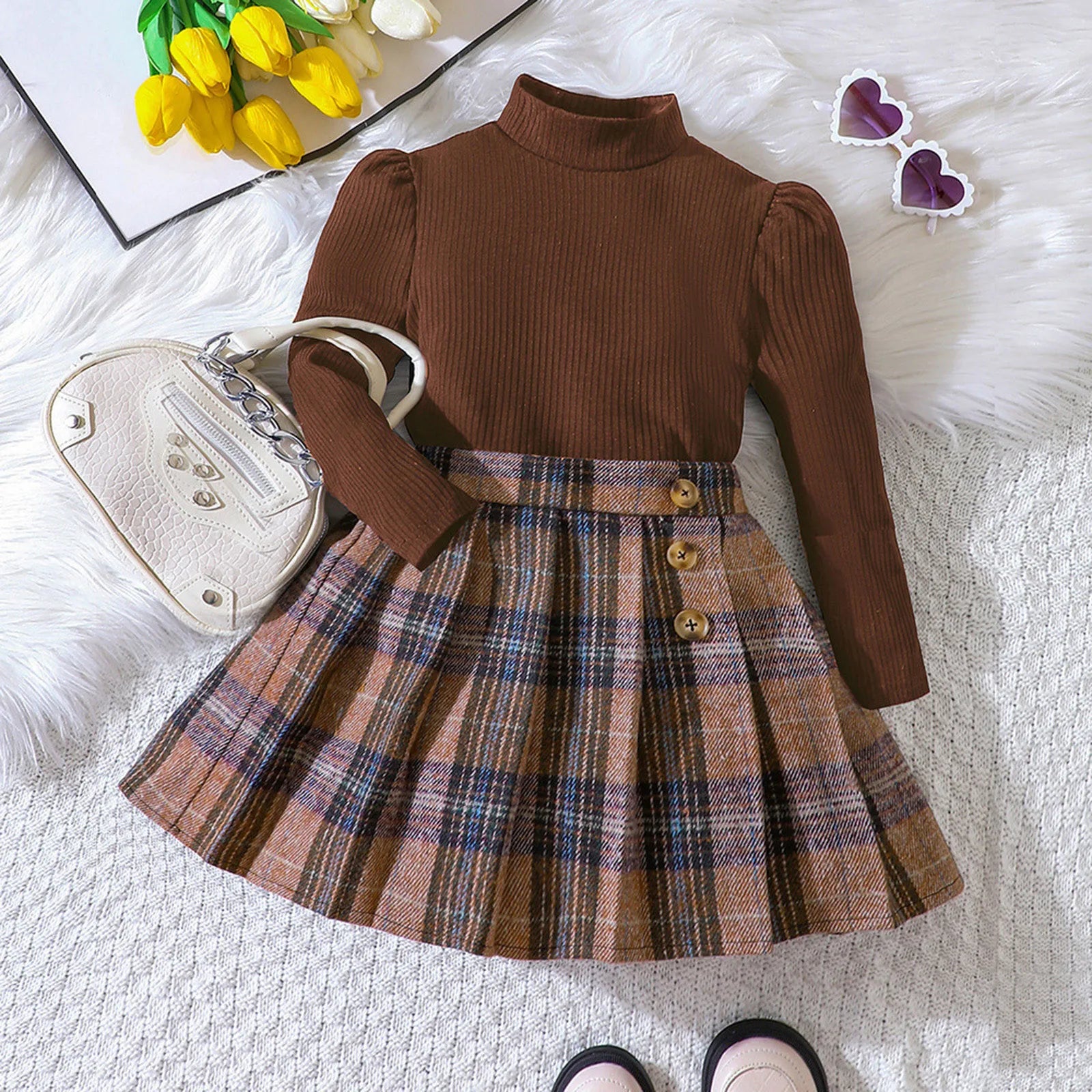 MOMSTAG Girls Winter Long Sleeve Shirts Top Plaid Skirt 2pcs Outfit