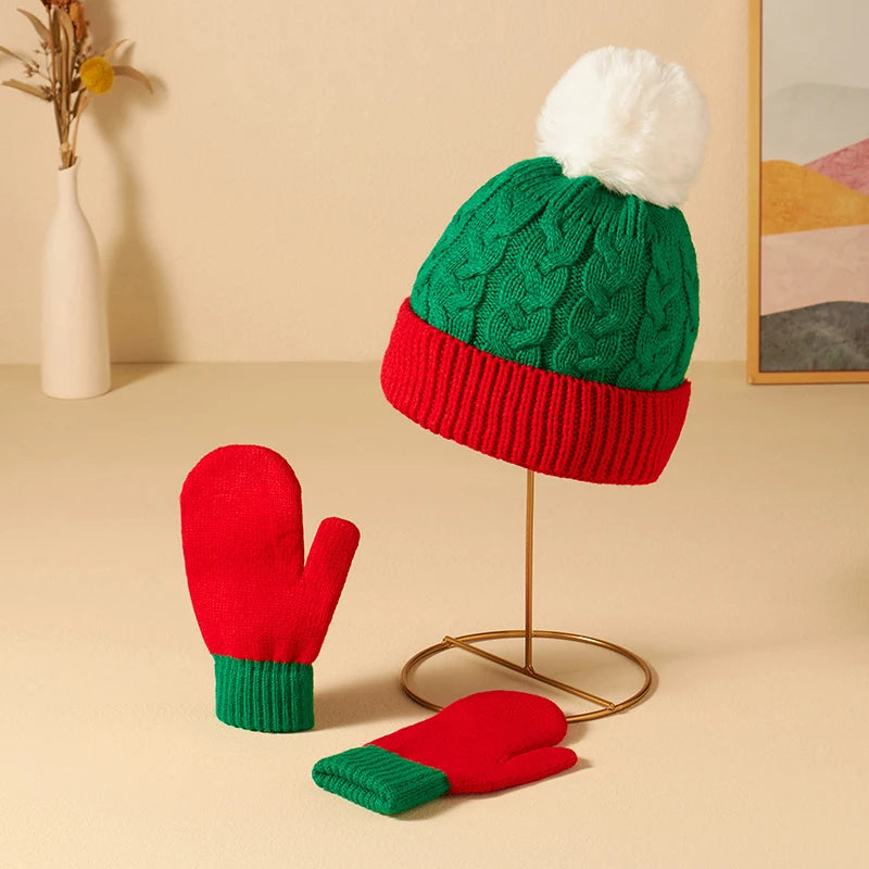 Knitted Skull Cap Beanie Hat and Gloves Set for kids