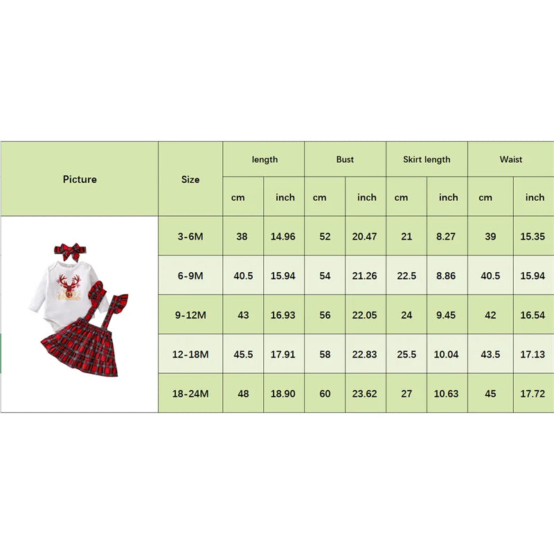 Toddler Girls Christmas Outfits Skirt Set Long Sleeve Romper Plaid Suspender Skirt and Headband