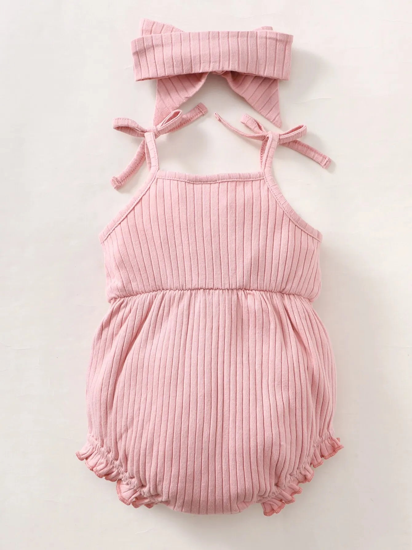 Baby Girl Romper Pink Ribbed Sling Bodysuit+ Headwear