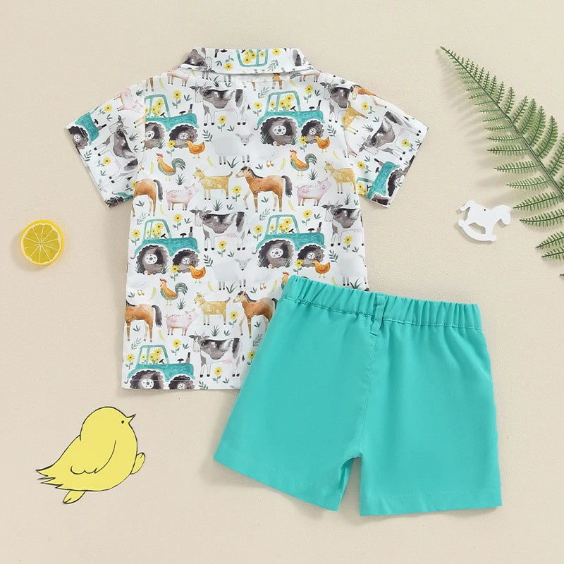 Baby Boy Summer Outfit Short Sleeve Farm Animal Print Shirt Top and Casual Shorts Set