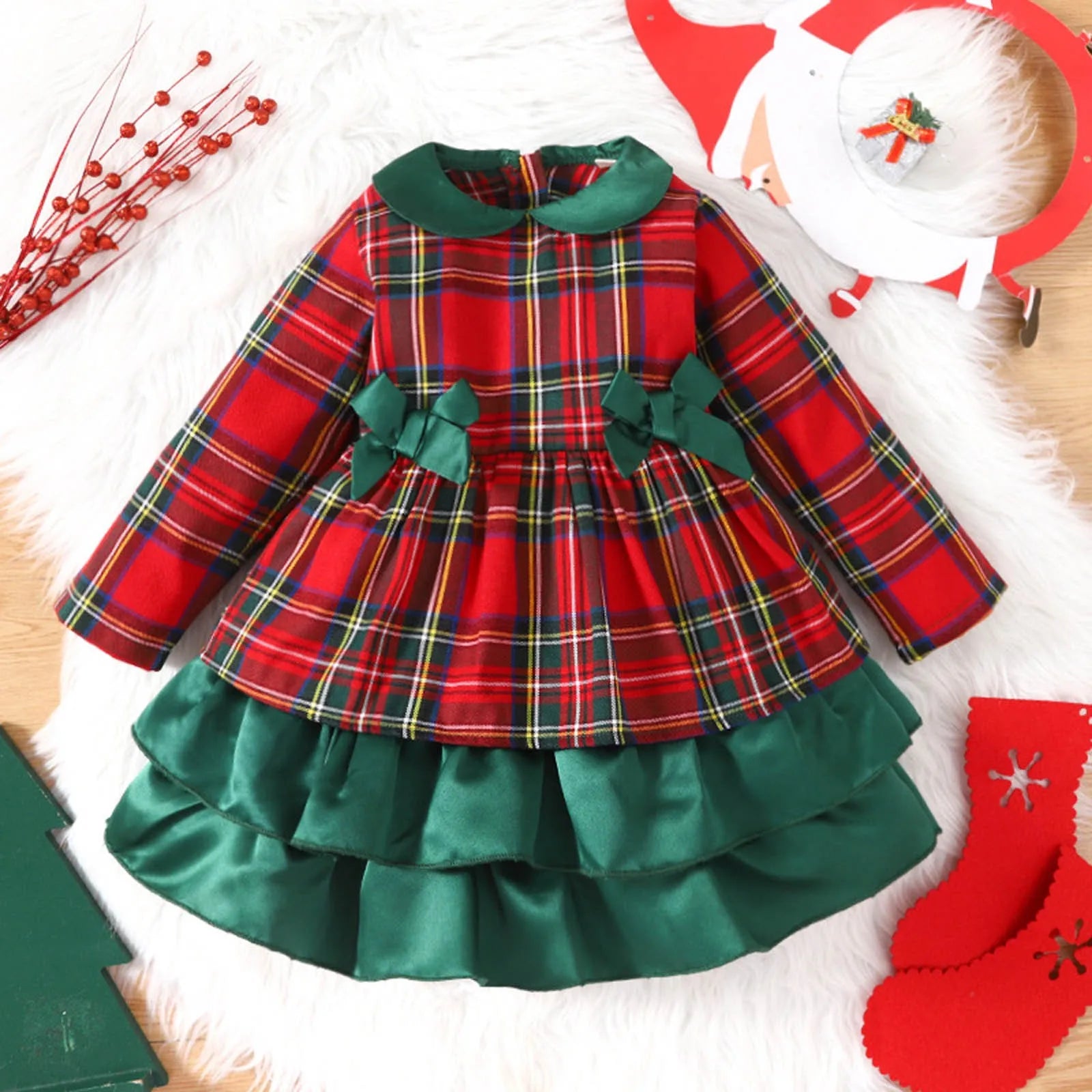 Green Plaid Bow Christmas Dresses for Girls