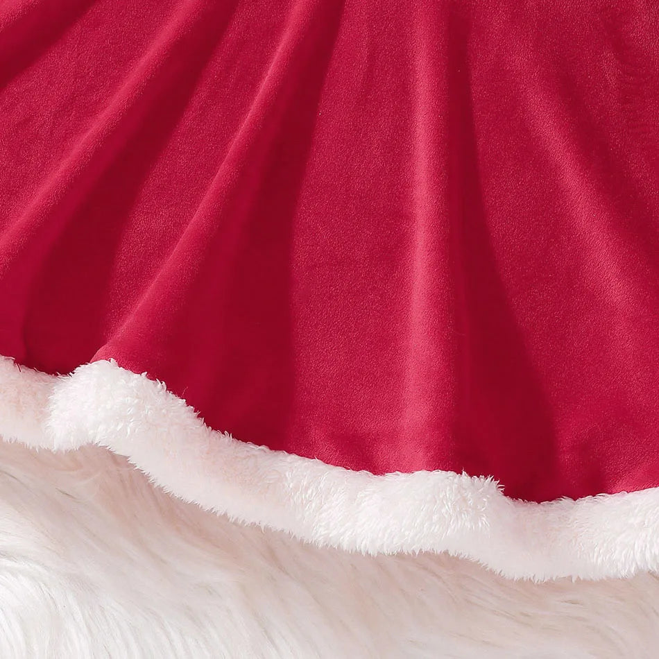 Girls Winter Coat & Red Velvet Dress Set